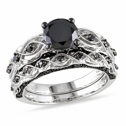 1 0,38 ct. Braut-Set im Vintage-Stil mit behandelten schwarzen Diamanten aus 14K Weißgold