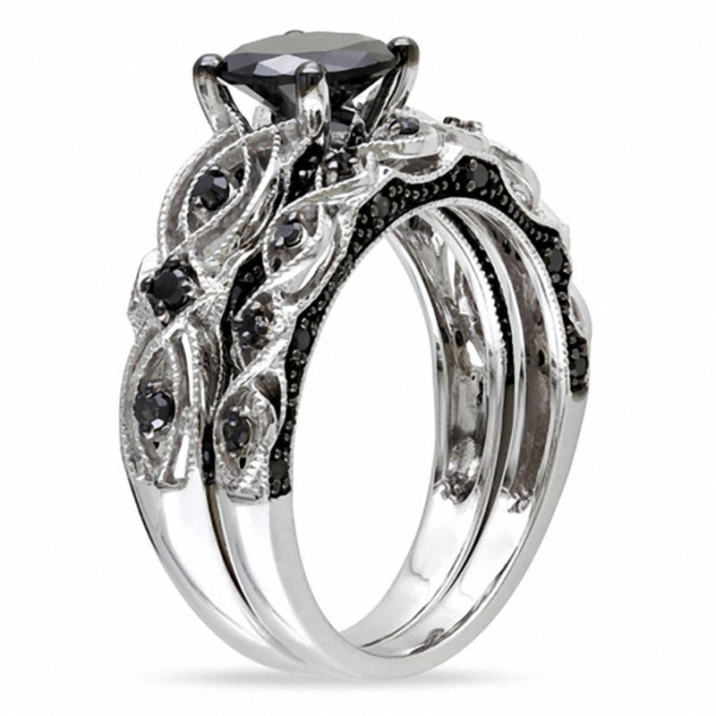 1 0,38 ct. Braut-Set im Vintage-Stil mit behandelten schwarzen Diamanten aus 14K Weißgold