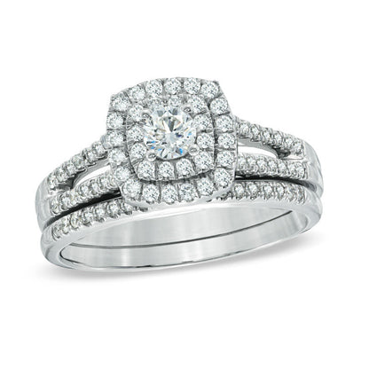 0,75 ct. Diamant Doppelrahmen-Brautset aus 14K Weißgold