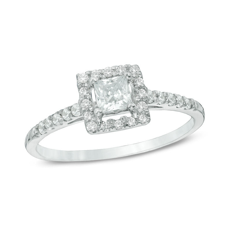 Verlobungsring mit Diamant-Halo im Princess-Schliff, 0,5 ct. Gesamtgewicht, aus 14K Weißgold