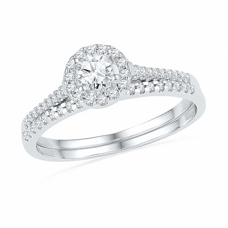 Braut-Set mit Diamanten 1/2 ct. Gesamtgewicht in Halo aus 14K Weißgold