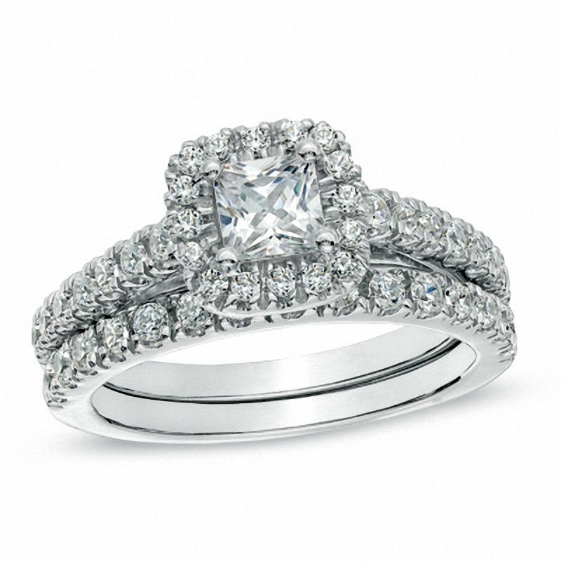 1,25 ct. Diamant-Verlobungsring-Set mit Princess-Schliff und Halo in 14K Weißgold