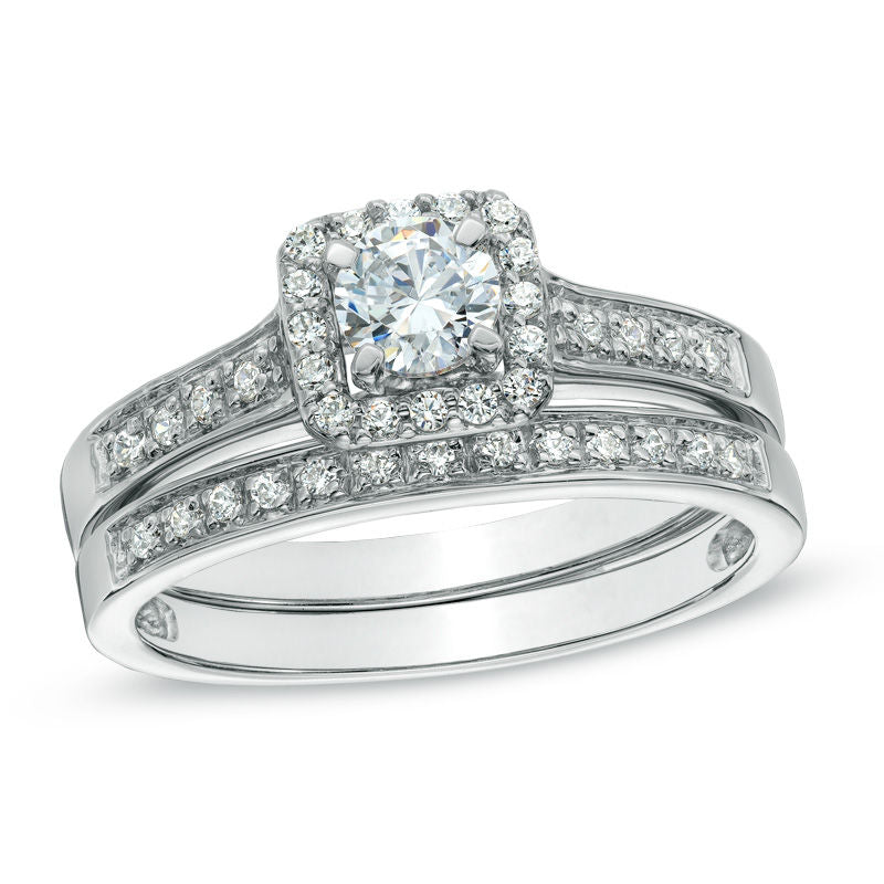 Verlobungsring-Set mit quadratischem Halo aus 0,5 ct. Diamanten in 14K Weißgold