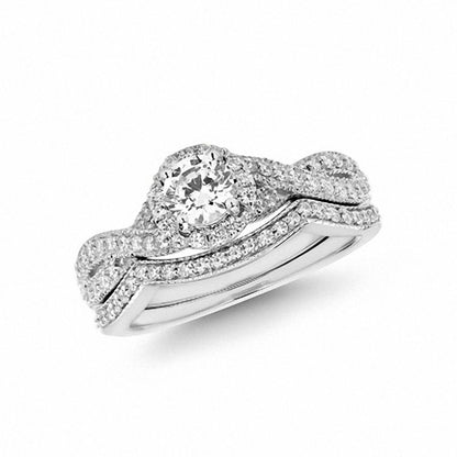 Brautset mit Diamanten 0,75 ct. Gesamtgewicht, gedrehter Ring, 14K Weißgold