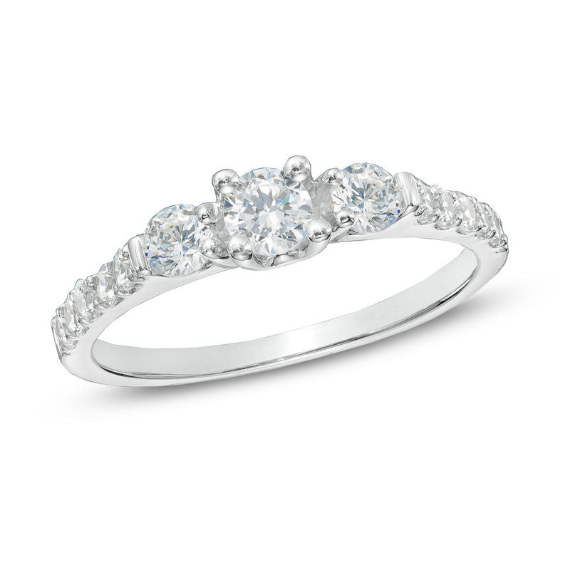 Verlobungsring mit Diamanten 0,75 ct. Gesamtgewicht im Dreistein-Design aus 14K Weißgold