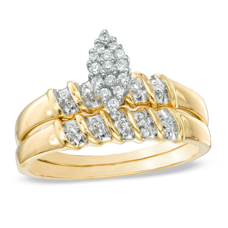 Braut- und Verlobungsring-Set mit Diamant-Marquise-Cluster, 0,1 ct., aus 14K Gelbgold