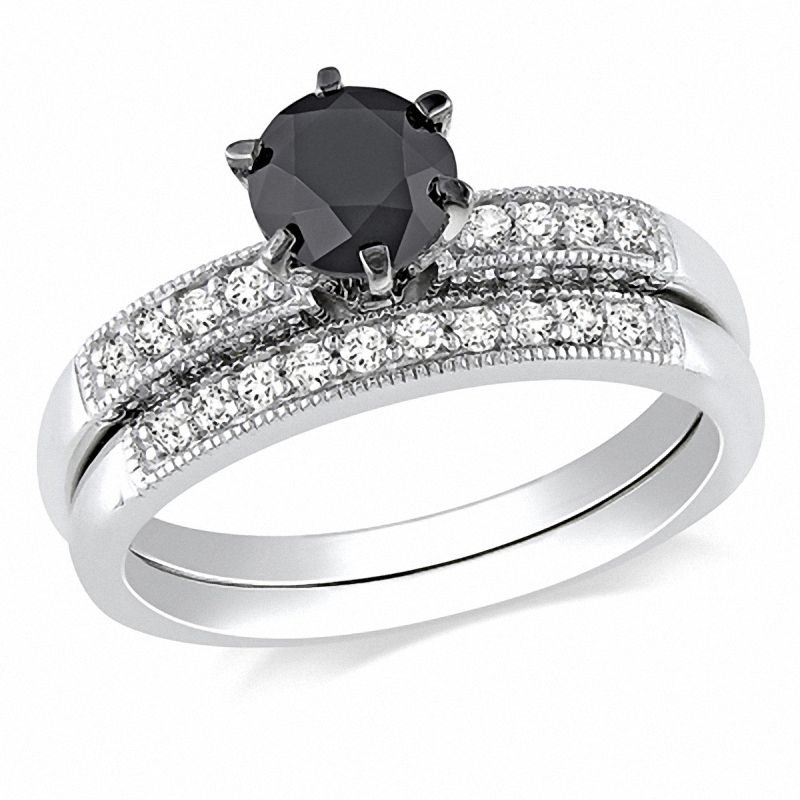 Brautset mit 1,25 ct. behandelten schwarzen und weißen Diamanten aus 14K Weißgold