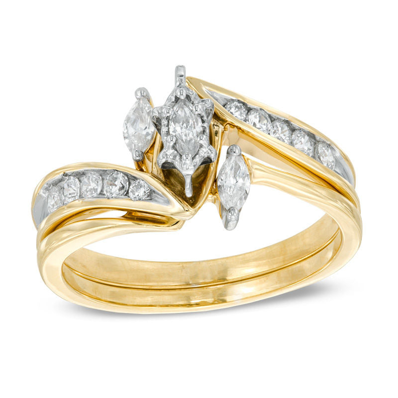 0,5 ct. Diamant-Verlobungsring-Set mit Marquise-Schliff und Dreistein in 14K Gold
