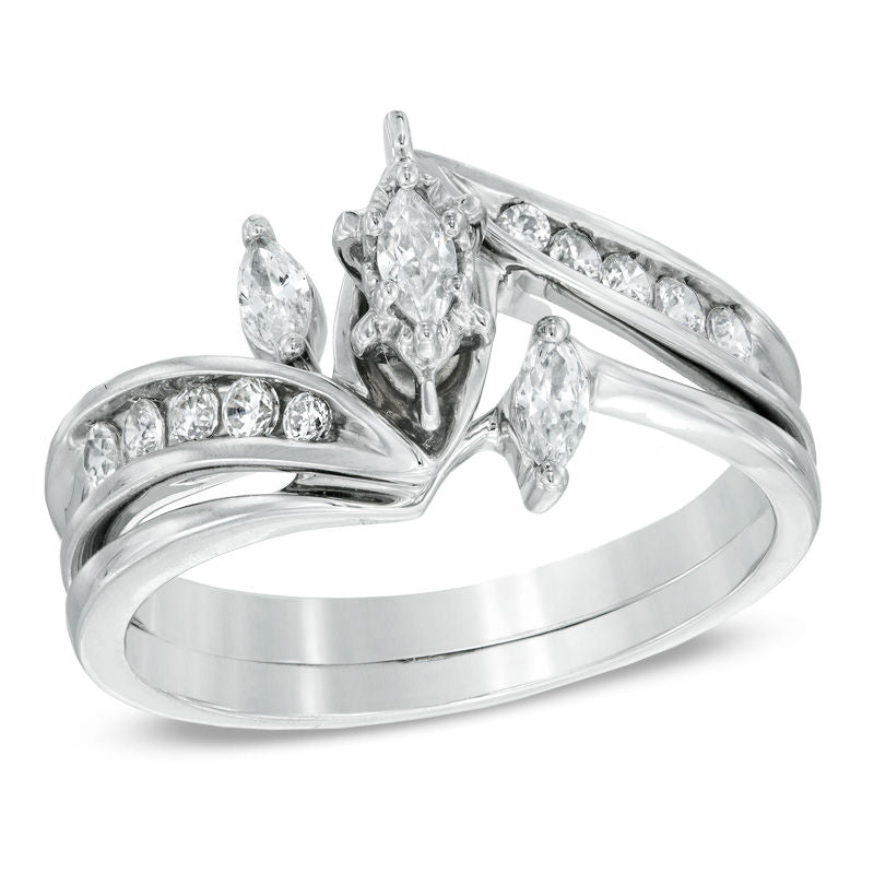 0,5 ct. Verlobungsring-Set Dreistein mit Marquise-Diamant aus 14K Weißgold