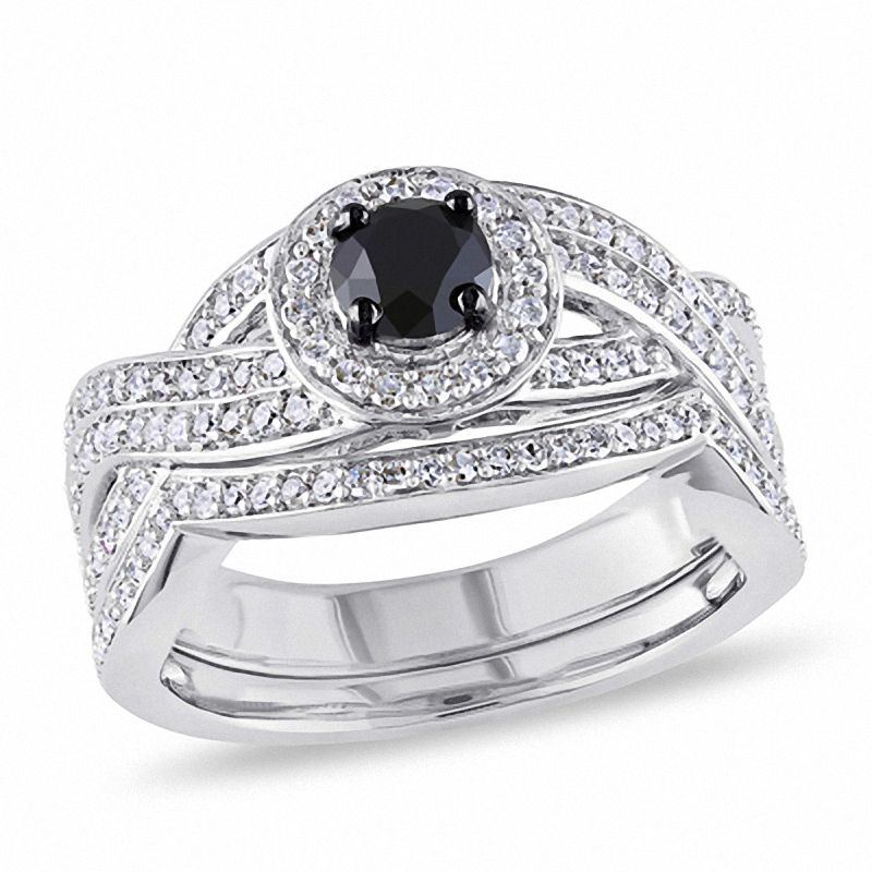 Verlobungsring-Set mit schwarzen und weißen Diamanten, 1 ct. Gesamtgewicht, verschlungen, aus Sterlingsilber