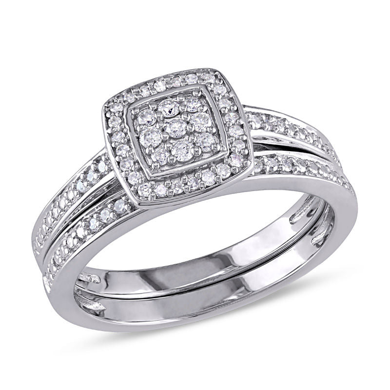 Verlobungsring-Set mit Diamanten 0,25 ct. Gesamtgewicht in quadratischer Cluster-Fassung aus Sterlingsilber