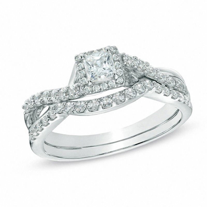 Verlobungsring-Set mit 0,75 ct. Diamanten im Princess-Schliff, Halo-Fassung und gedrehtem Ring, 14K Weißgold