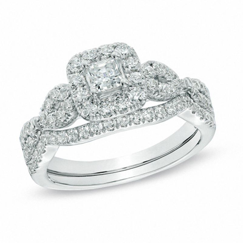 1 ct. Diamant-Halo-Verlobungsring-Set mit Princess-Cut und Twist-Design in 14K Weißgold
