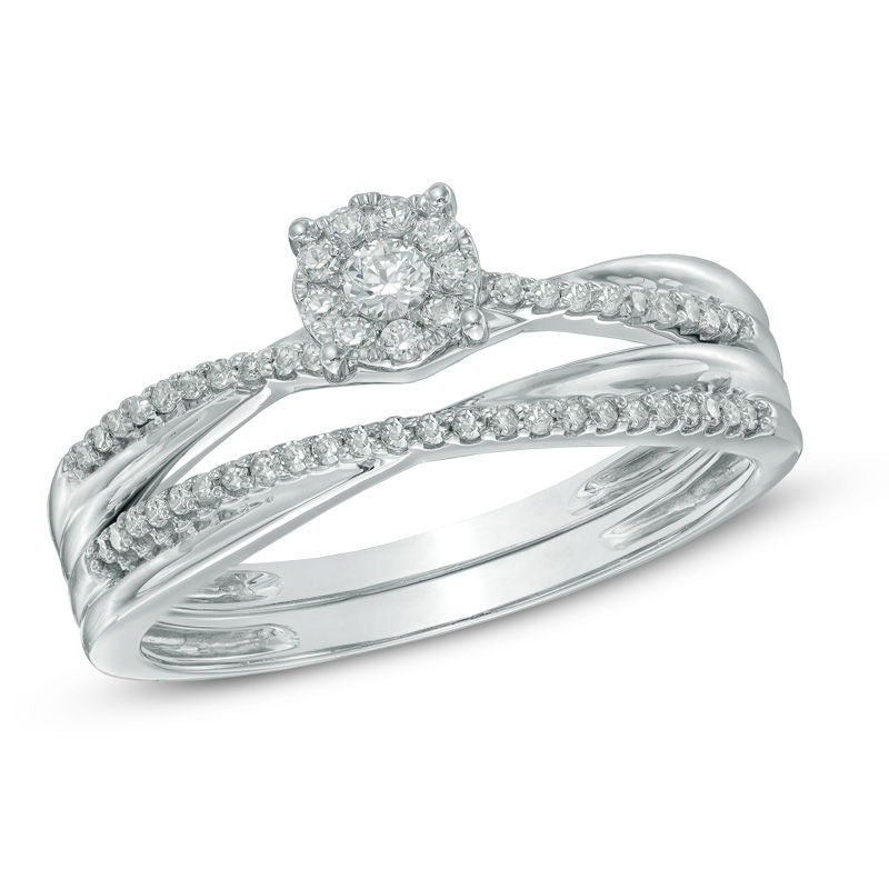 Verlobungsring-Set mit Diamant-Halo und Criss-Cross-Design, 0,2 ct. Gesamtgewicht, aus 14K Weißgold