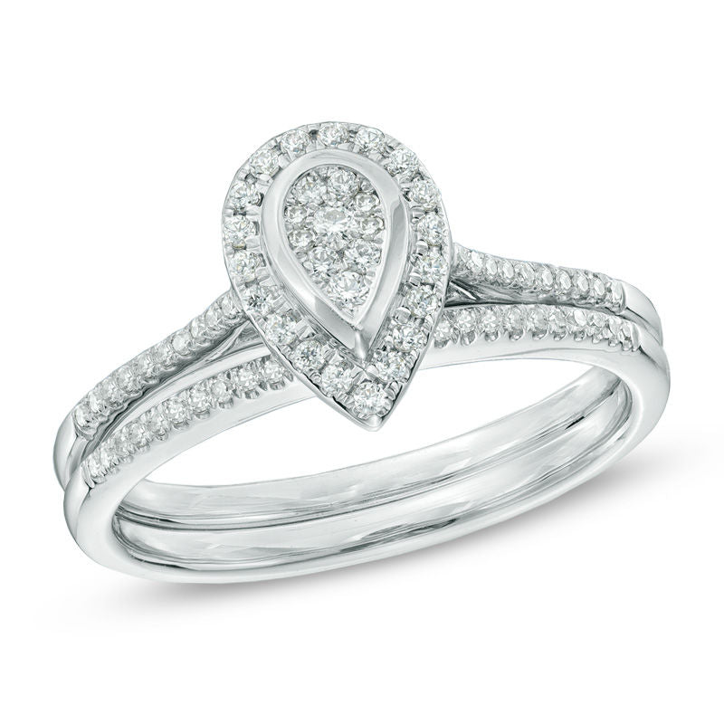 0,33 ct. Diamant Verlobungsring-Set mit Halo, tropfenförmiges Komposit, aus 14K Weißgold
