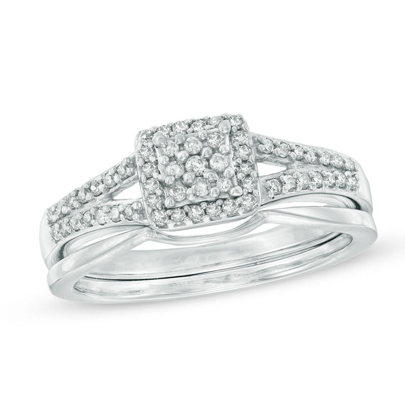 0,25 ct. Diamant Braut-Set aus 14K Weißgold mit quadratischem Cluster-Halo