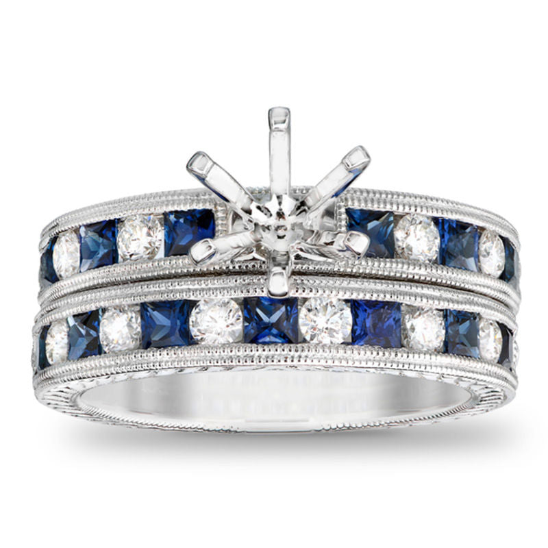 Verlobungsring-Set mit Saphir im Princess-Schliff, blau, und 0,5 ct. Gesamtgewicht Diamanten, Semi-Mount, aus 14K Weißgold