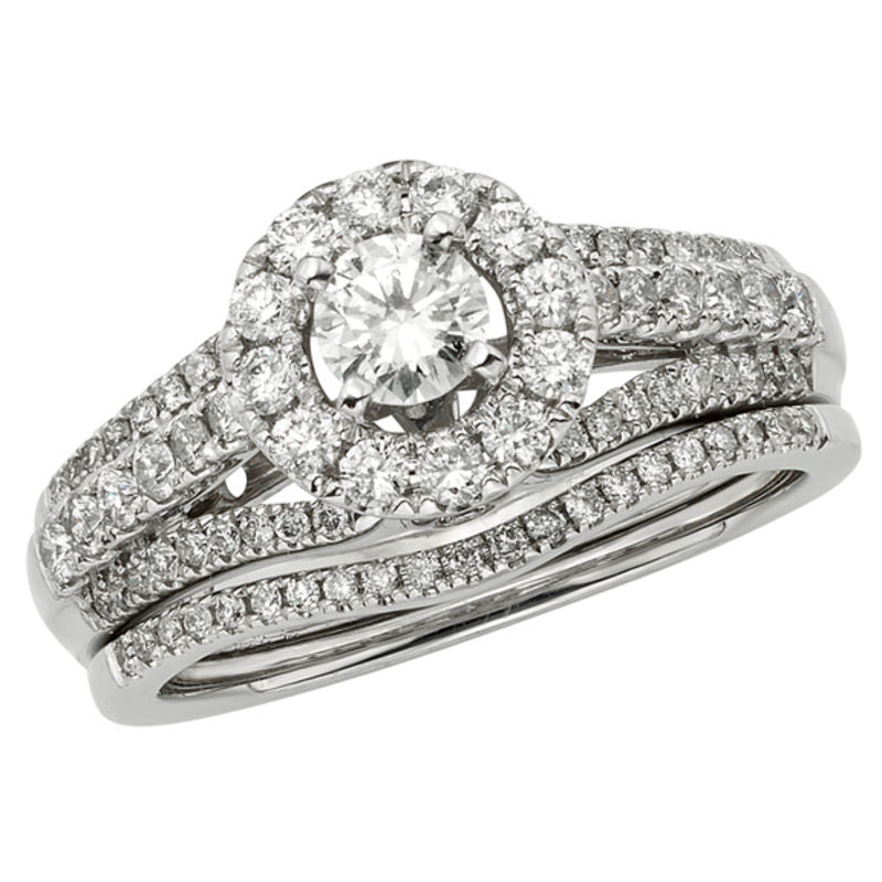 Verlobungsring-Set mit Diamant-Halo, 1 ct. Gesamtgewicht, aus 14K Weißgold
