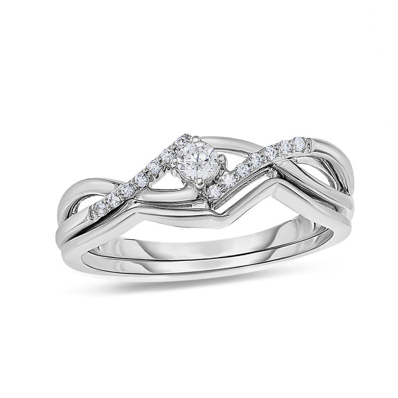 Verlobungsring-Set mit gedrehtem Design und 0,17 ct. Diamant in 14K Weißgold
