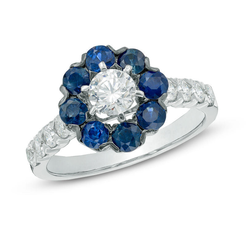 Verlobungsring mit Halo aus Diamanten und blauen Saphiren, 1 ct. Gesamtgewicht, aus 14K Weißgold