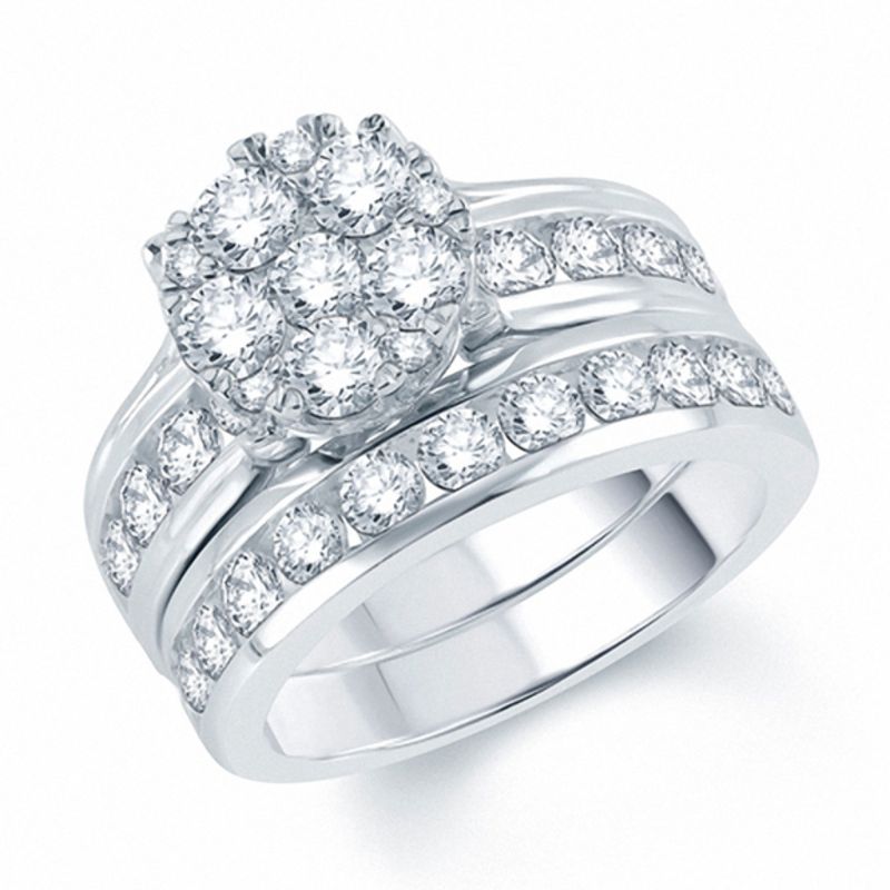 Diamant-Cluster-Verlobungsring-Set 2-7/8 ct. Gesamtgewicht aus 14K Weißgold