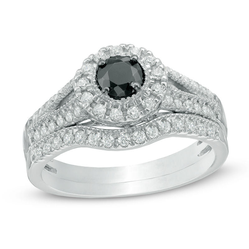 Braut-Set mit 0,625 ct. Gesamtgewicht behandelten schwarzen und weißen Diamanten im Halo-Design aus 14K Weißgold
