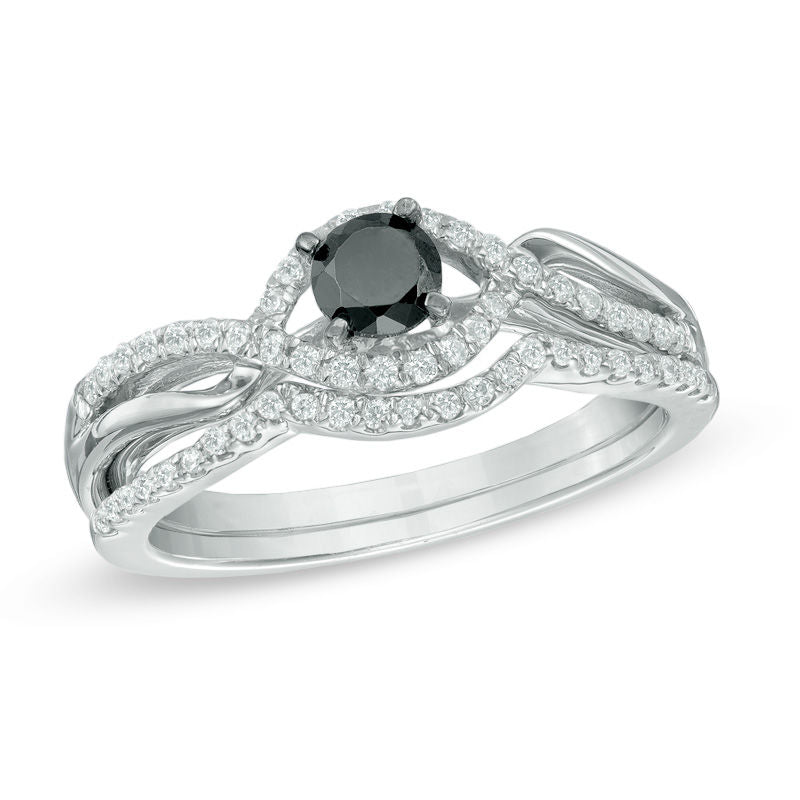 Verlobungsring-Set mit schwarzen und weißen Diamanten im Bypass-Design, 1/2 ct. Gesamtgewicht, in Sterlingsilber
