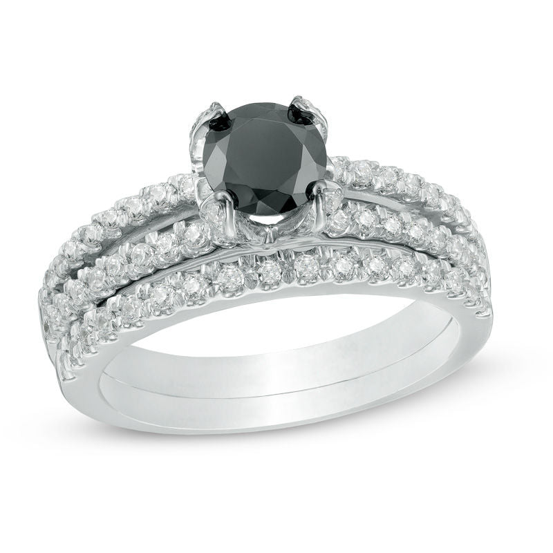 Verlobungsring-Set mit geteiltem Ringschaft, besetzt mit behandelten schwarzen und weißen Diamanten, 1,25 ct. Gesamtgewicht, in 14K Weißgold