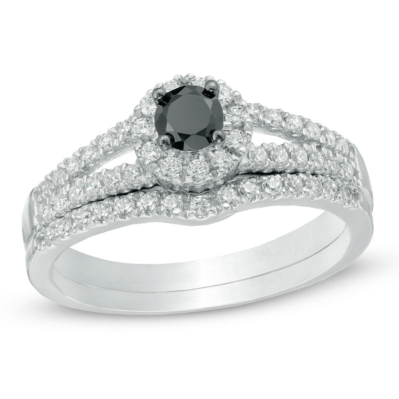 Verlobungsring-Set mit geteiltem Ringband, 0,5 ct. Gesamtgewicht schwarze und weiße Diamanten, aus 14K Weißgold