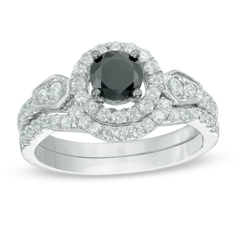 Braut-Set mit Verlobungsring, 1,25 ct. Gesamtgewicht behandelte schwarze und weiße Diamanten in Halo-Fassung, 14K Weißgold