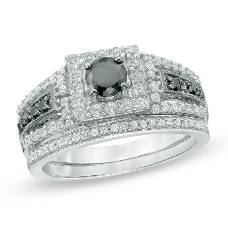 Braut-Set mit quadratischem Halo aus schwarzen und weißen Diamanten, 1 ct. Gesamtgewicht, 14K Weißgold