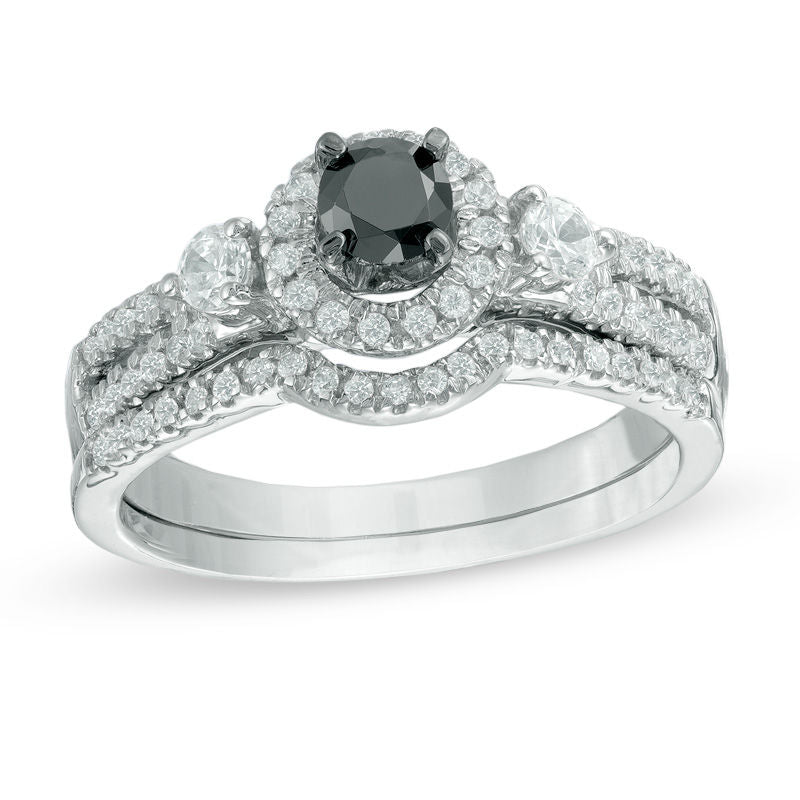 Verlobungsring-Set mit schwarzen und weißen Diamanten und Halo in 14K Weißgold