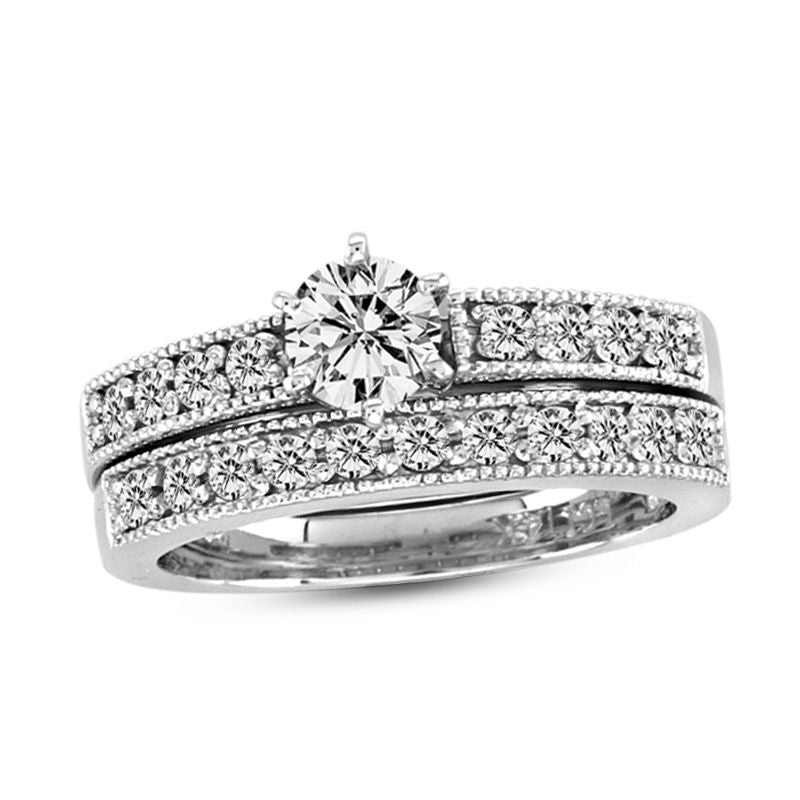 0,875 ct. Diamant Brautset im Vintage-Stil aus 14K Weißgold