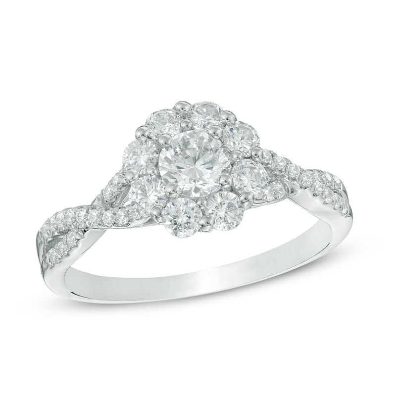Diamant-Verlobungsring mit Blumen-Rahmen und Twist-Design aus 14K Weißgold, 0,875 ct