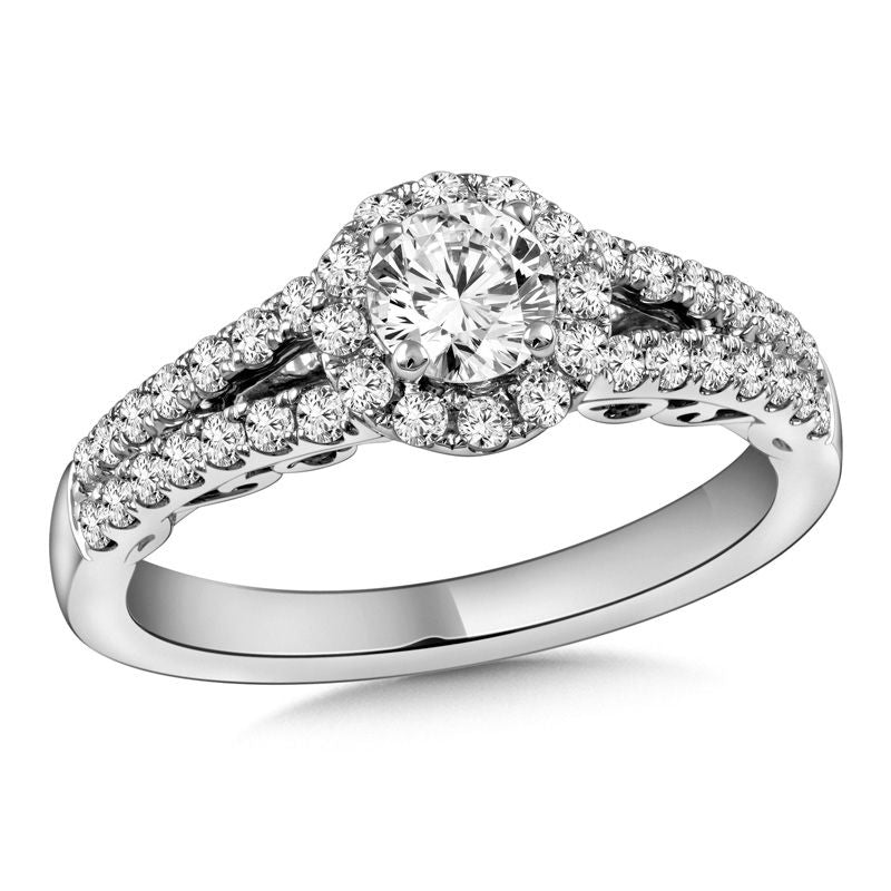 0,875 ct. Diamant-Verlobungsring mit Halo und geteiltem Ring aus 14K Weißgold