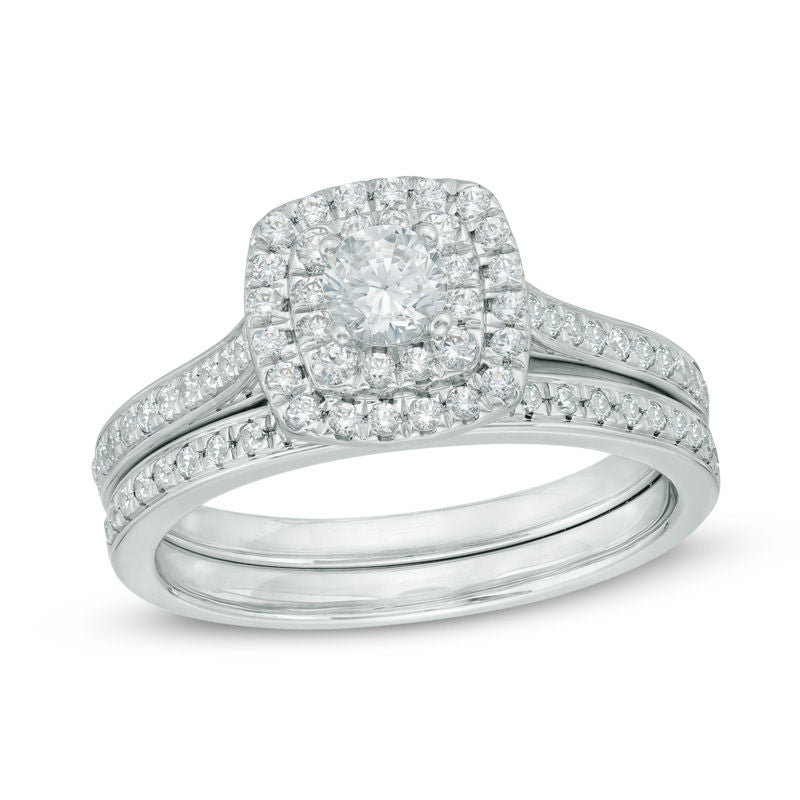 0,75 ct. Diamant Doppel-Quadrat-Halo Verlobungsring-Set aus 14K Weißgold
