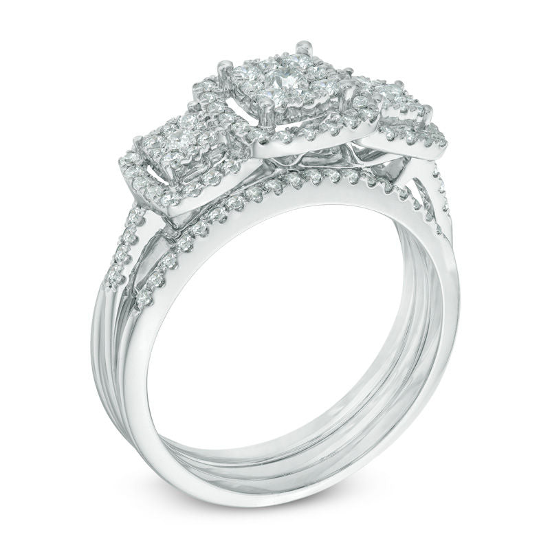Dreiteiliges Brautset mit Komposit-Diamanten im Dreistein-Design, 0,75 ct. Gesamtgewicht, aus 14K Weißgold