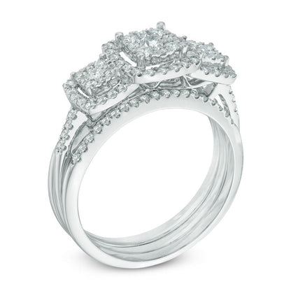 Dreiteiliges Brautset mit Komposit-Diamanten im Dreistein-Design, 0,75 ct. Gesamtgewicht, aus 14K Weißgold