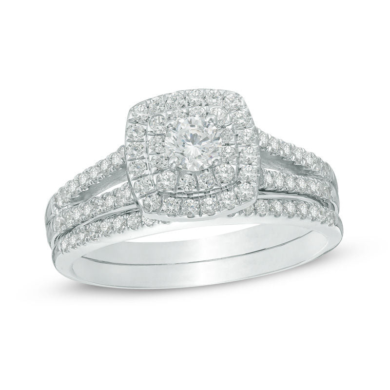 0,75 ct. Diamant-Halo-Verlobungsring-Set mit geteiltem Ring aus 14K Weißgold