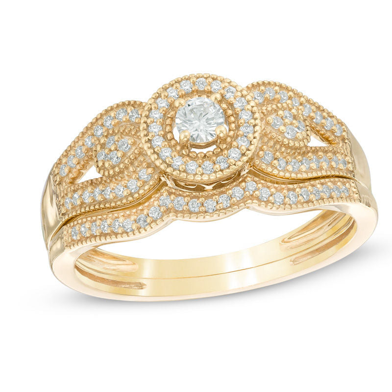 0,25 ct. Diamant Halo Braut-Set im Vintage-Stil aus 14K Weißgold