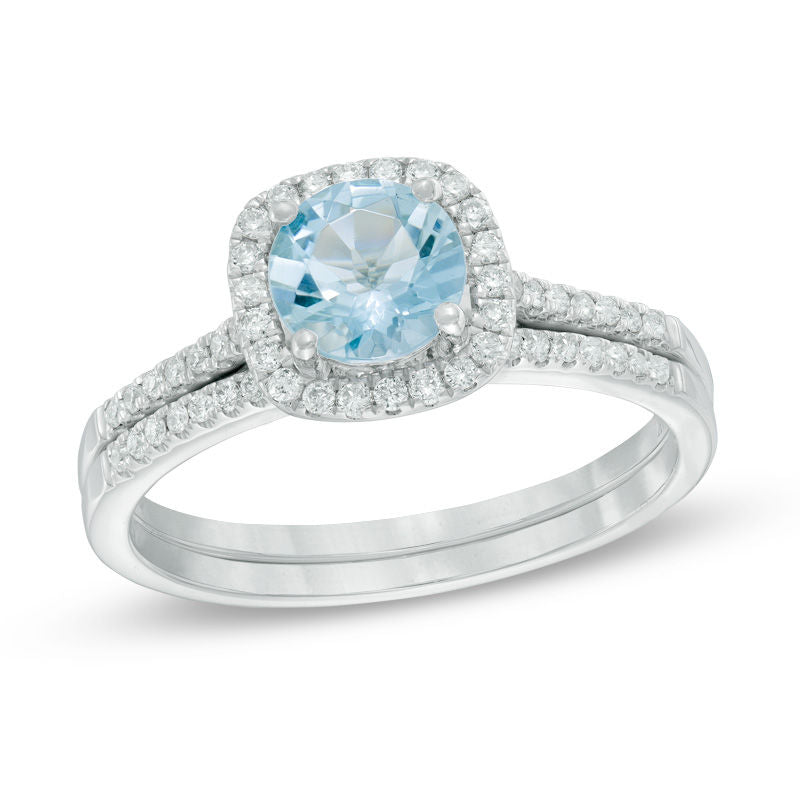 Braut-Set mit 6,0-mm-Aquamarin und 0,25 ct. Diamant-Halo aus 14K Weißgold