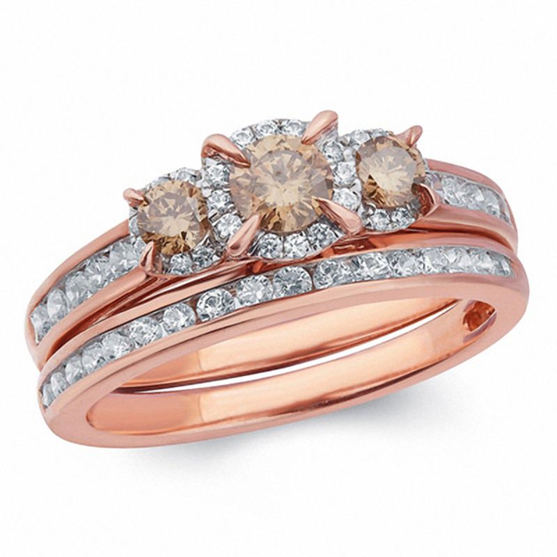 Braut-Set mit Halo, Dreistein und Champagner- sowie weißen Diamanten, 1 ct. Gesamtgewicht, in 14K Roségold
