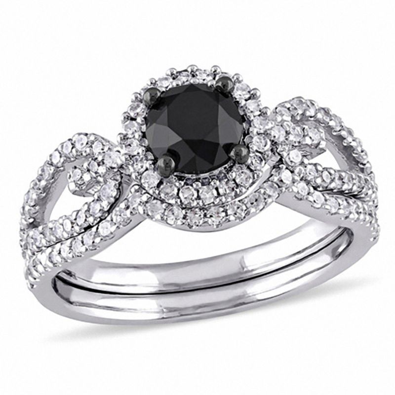 Verlobungsring-Set mit Halo-Fassung und Schlaufenschaft, 1,50 ct. Gesamtgewicht schwarze und weiße Diamanten, 14K Weißgold