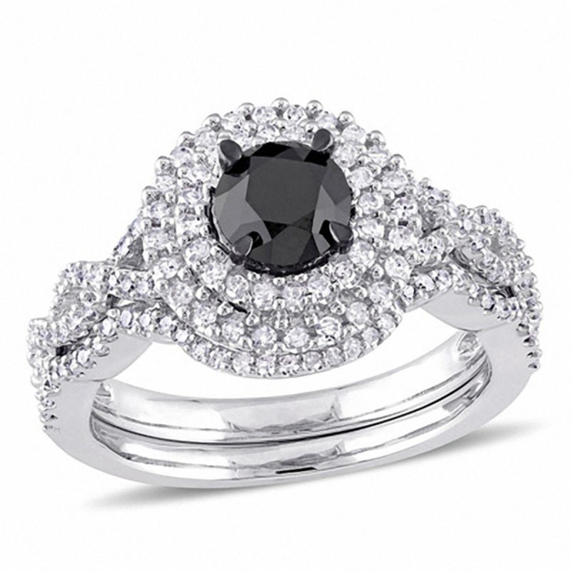 1,5 ct. Gesamtgewicht behandelter schwarzer und weißer Diamant Doppelrahmen-Braut-Set mit gedrehtem Ring in 14K Weißgold