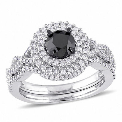 1,5 ct. Gesamtgewicht behandelter schwarzer und weißer Diamant Doppelrahmen-Braut-Set mit gedrehtem Ring in 14K Weißgold