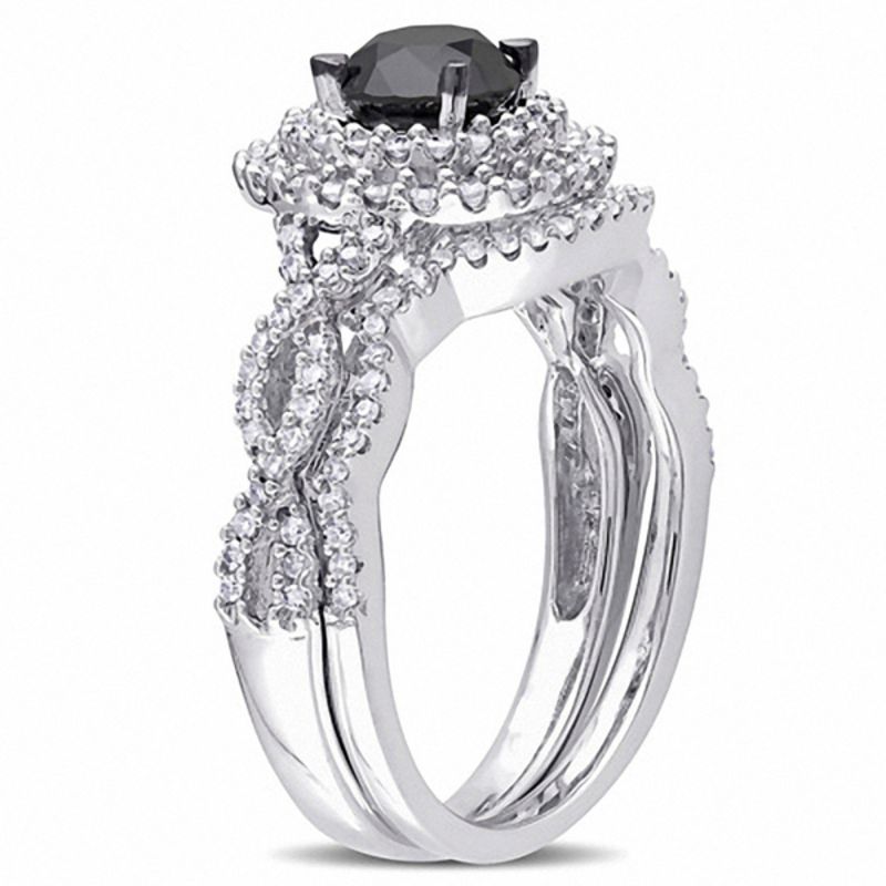 1,5 ct. Gesamtgewicht behandelter schwarzer und weißer Diamant Doppelrahmen-Braut-Set mit gedrehtem Ring in 14K Weißgold