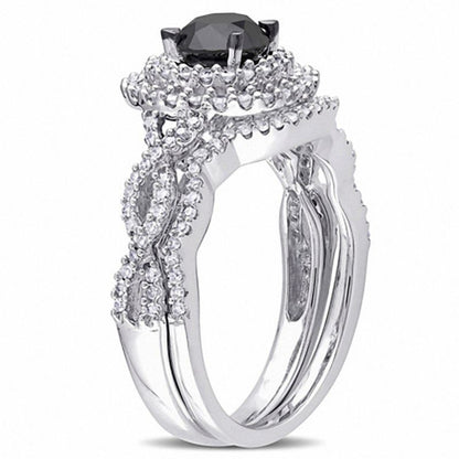 1,5 ct. Gesamtgewicht behandelter schwarzer und weißer Diamant Doppelrahmen-Braut-Set mit gedrehtem Ring in 14K Weißgold