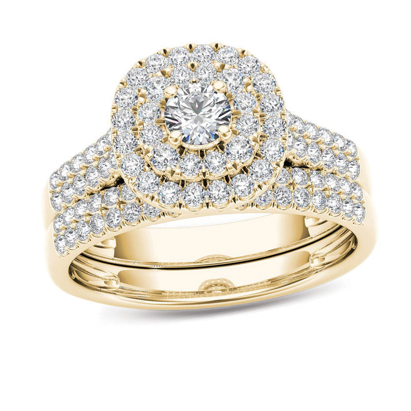 1 ct. Diamant Doppel-Halo mehrreihiges Brautset aus 14K Gold