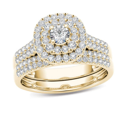 1 ct. Diamant Doppel-Halo mehrreihiges Brautset aus 14K Gold
