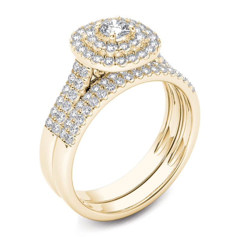 1 ct. Diamant Doppel-Halo mehrreihiges Brautset aus 14K Gold